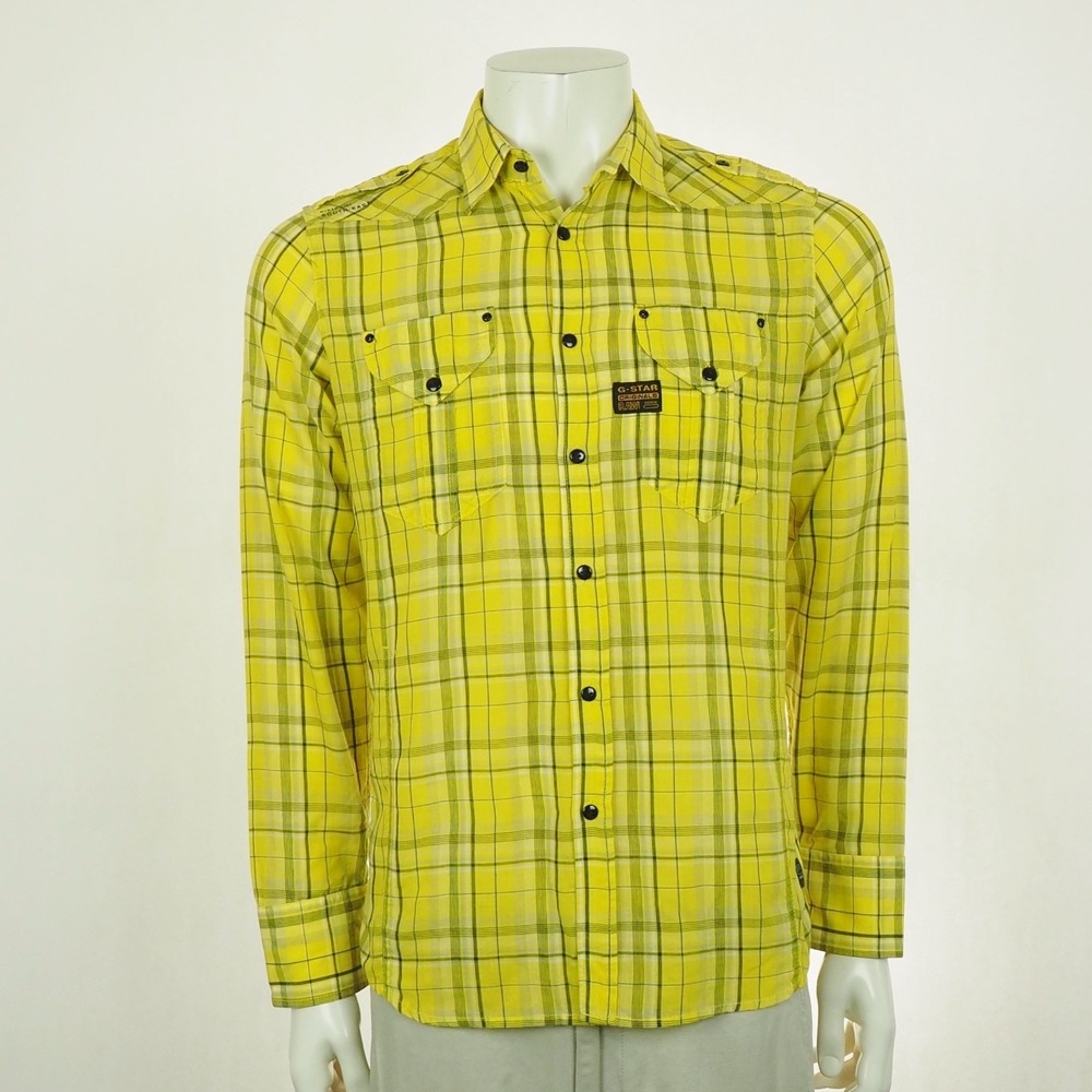 G-Star Raw Port Button Down Shirt Mens Medium Yellow Plaid Woven Cotton Blend